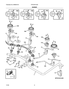 Burner Diagram and Parts List for FFGC3613LSD  Frigidaire Cooktop