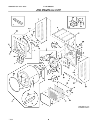 Upper Cabinet/drum Heater Diagram and Parts List for CFLE3900UW3  Frigidaire Dryer