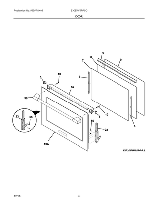Door Diagram and Parts List for E30EW75PPSD  Frigidaire Wall Oven