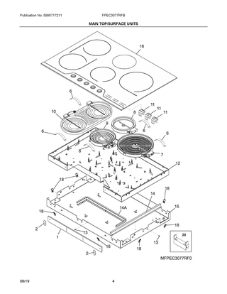 Main Top/surface Units Diagram and Parts List for FPEC3077RFB  Frigidaire Cooktop