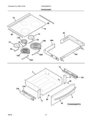 Top/drawer Diagram and Parts List for CGES3065PFN  Frigidaire Range