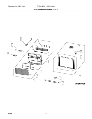Recommended Spare Parts Diagram and Parts List for FFRA102ZA10  Frigidaire Air Conditioner