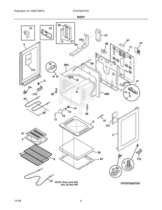 Body Diagram and Parts List for FFEF3054TSH  Frigidaire Range