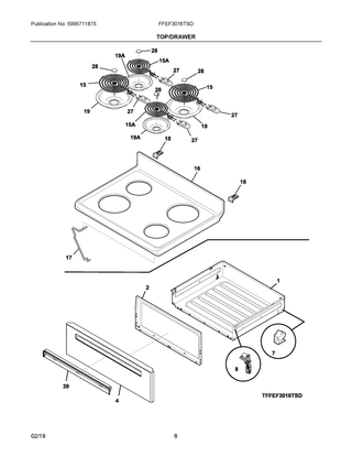 Top/drawer Diagram and Parts List for FFEF3016TSD  Frigidaire Range