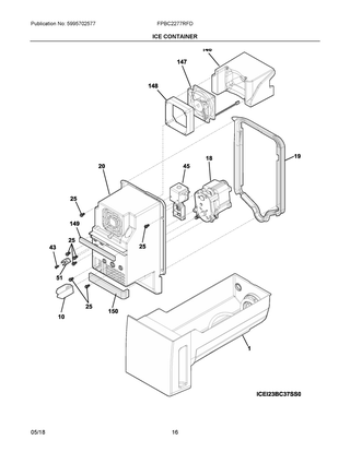 Ice Container Diagram and Parts List for FPBC2277RFD  Frigidaire Refrigerator