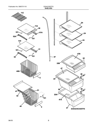 Shelves Diagram and Parts List for DGHK2355TF0  Frigidaire Refrigerator
