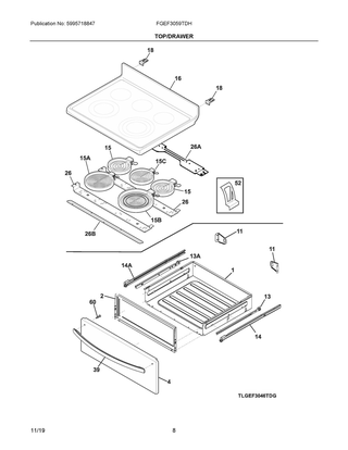 Top/drawer Diagram and Parts List for FGEF3059TDH  Frigidaire Range