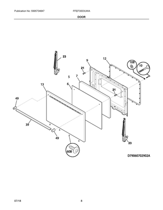 Door Diagram and Parts List for FFEF3003UWA  Frigidaire Range