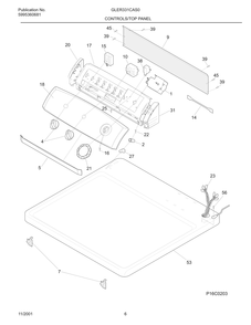 Controls/Top Panel Diagram and Parts List for GLER331CAS0  Frigidaire Dryer