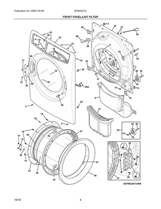 Front Panel/lint Filter Diagram and Parts List for EFMG527UTT0  Frigidaire Dryer
