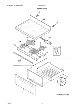 07 - TOP/DRAWER Diagram and Parts List for FFF335ESN  Frigidaire Range