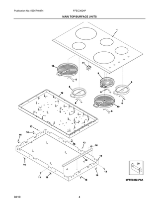 Main Top/surface Units Diagram and Parts List for FFEC3624PSB  Frigidaire Cooktop