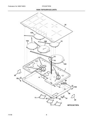 Main Top/surface Units Diagram and Parts List for FPIC3677RFB  Frigidaire Cooktop