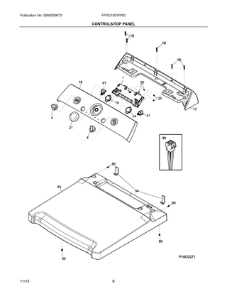 Controls/top Panel Diagram and Parts List for FFRG1001PW0  Frigidaire Dryer