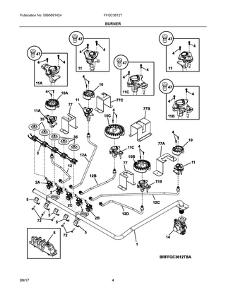 Burner Diagram and Parts List for FFGC3612TSA  Frigidaire Cooktop