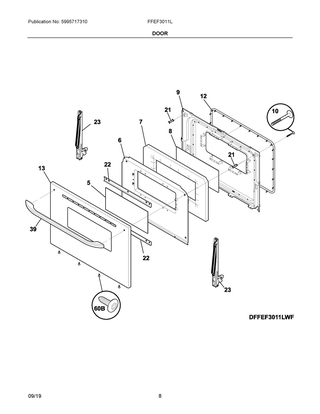 Door Diagram and Parts List for FFEF3011LWJ  Frigidaire Range