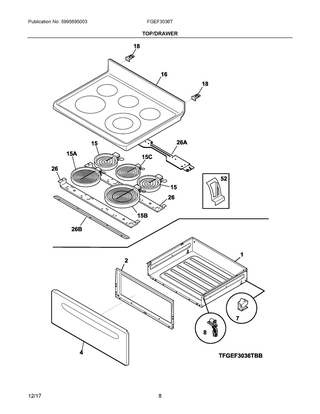 Top/drawer Diagram and Parts List for FGEF3036TWB  Frigidaire Range