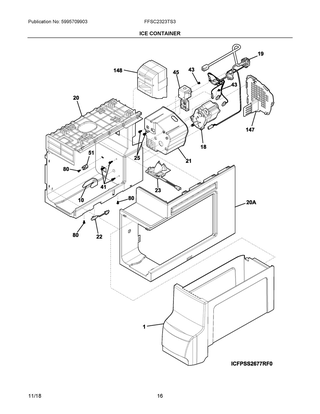 Ice Container Diagram and Parts List for FFSC2323TS3  Frigidaire Refrigerator