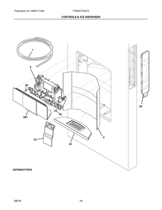 Controls & Ice Dispenser Diagram and Parts List for FPBS2778UF5  Frigidaire Refrigerator