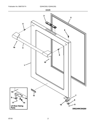Door Diagram and Parts List for E24WC50QS1  Frigidaire Wine and Beverage Cooler
