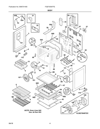 Body Diagram and Parts List for FGEF3059TFE  Frigidaire Range