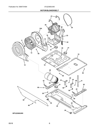 Motor/blower/belt Diagram and Parts List for CFLE3900UW0  Frigidaire Dryer