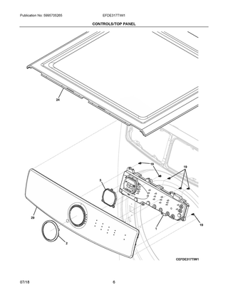 Controls/top Panel Diagram and Parts List for EFDE317TIW1  Frigidaire Dryer