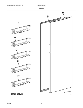 Door Diagram and Parts List for FFFU13F2VW  Frigidaire Freezer