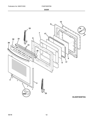 Door Diagram and Parts List for FGGF3059TDB  Frigidaire Range