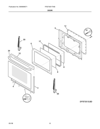 Door Diagram and Parts List for FFEF3051TWB  Frigidaire Range