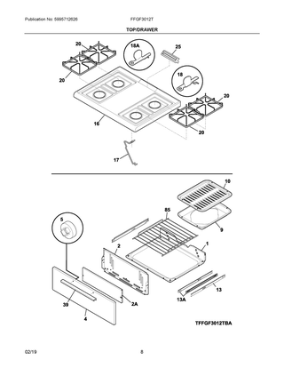 Top/drawer Diagram and Parts List for FFGF3012TWD  Frigidaire Range