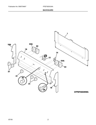 Backguard Diagram and Parts List for FFEF3003UWA  Frigidaire Range