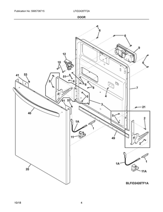 Door Diagram and Parts List for LFID2426TF2A  Frigidaire Dishwasher