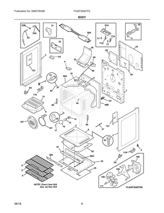 Body Diagram and Parts List for FGGF3059TFC  Frigidaire Range