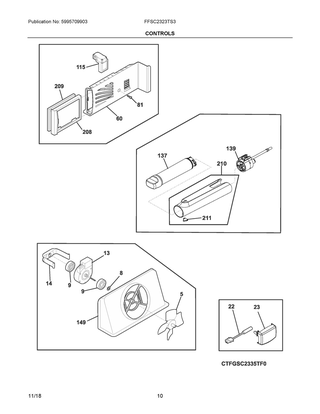 Controls Diagram and Parts List for FFSC2323TS3  Frigidaire Refrigerator