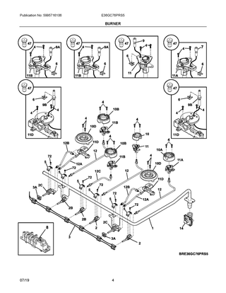 Burner Diagram and Parts List for E36GC76PRS5  Frigidaire Cooktop