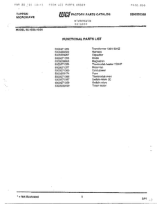 Functional Parts List Diagram and Parts List for 56-1030  Frigidaire Microwave