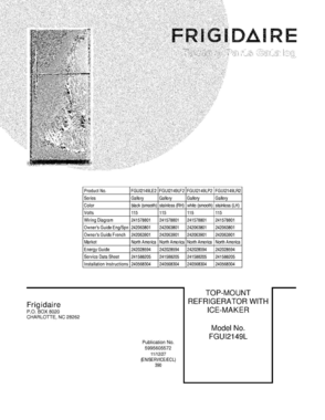 01 - COVER Diagram and Parts List for FGUI2149LF2  Frigidaire Refrigerator