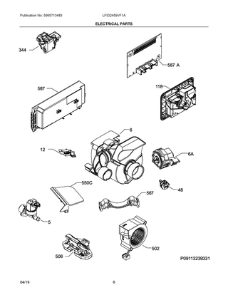 Electrical Parts Diagram and Parts List for LFID2459VF1A  Frigidaire Dishwasher