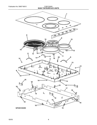 Main Top/surface Units Diagram and Parts List for FGEC3045KWB  Frigidaire Cooktop