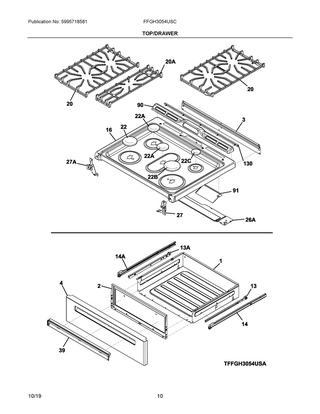 Top/drawer Diagram and Parts List for FFGH3054USC  Frigidaire Range