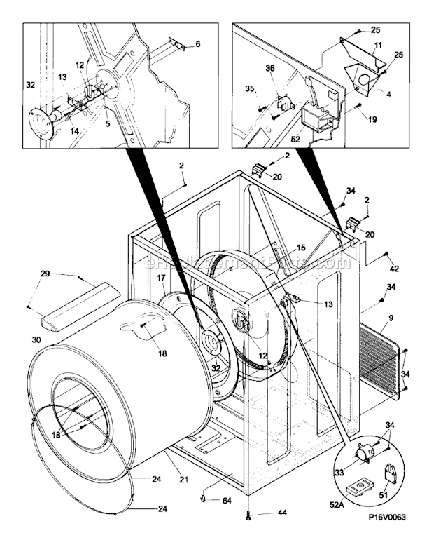 CABINET / DRUM Diagram and Parts List for GLER341AS2  Frigidaire Dryer