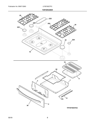 Top/drawer Diagram and Parts List for LFGF3052TFC  Frigidaire Range