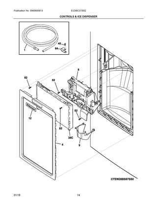 Controls & Ice Dispenser Diagram and Parts List for EI23BC37SS2  Frigidaire Refrigerator