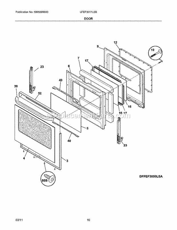 Door Diagram and Parts List for LFEF3019MWB  Frigidaire Range