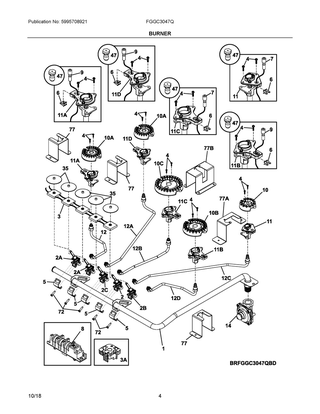 Burner Diagram and Parts List for FGGC3047QWD  Frigidaire Cooktop