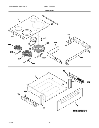 Main Top Diagram and Parts List for CFES3025PWJ  Frigidaire Range