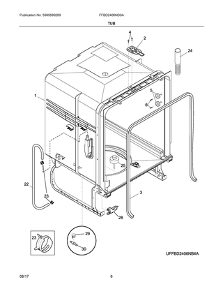 Tub Diagram and Parts List for FFBD2406ND0A  Frigidaire Dishwasher
