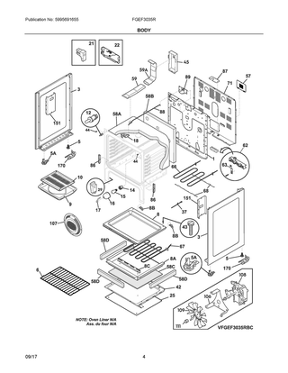 Body Diagram and Parts List for FGEF3035RWC  Frigidaire Range