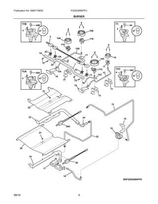 Burner Diagram and Parts List for FGGS3065PFU  Frigidaire Range